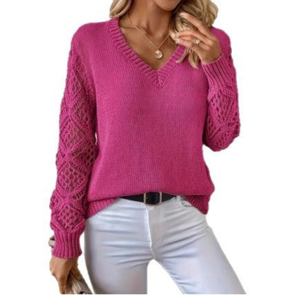 Pointelle Sleeve V Neck Knit Top - Rose_red