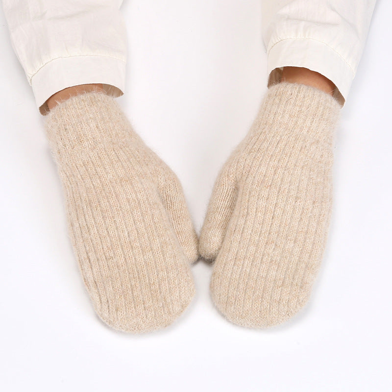 Fleece Lined Ribbed Knit Winter Mittens - Apricot