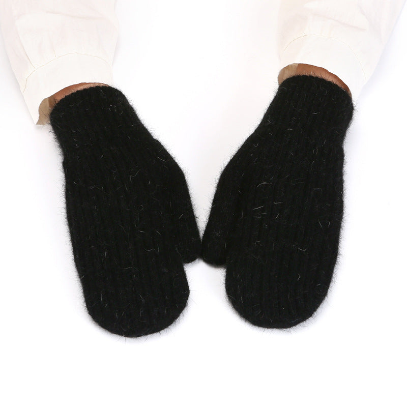 Fleece Lined Ribbed Knit Winter Mittens - Black