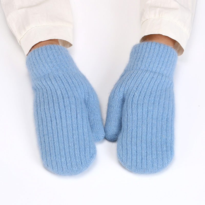 Fleece Lined Ribbed Knit Winter Mittens - Blue