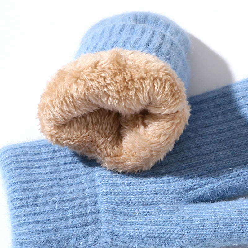 Fleece Lined Ribbed Knit Winter Mittens - Blue - 3