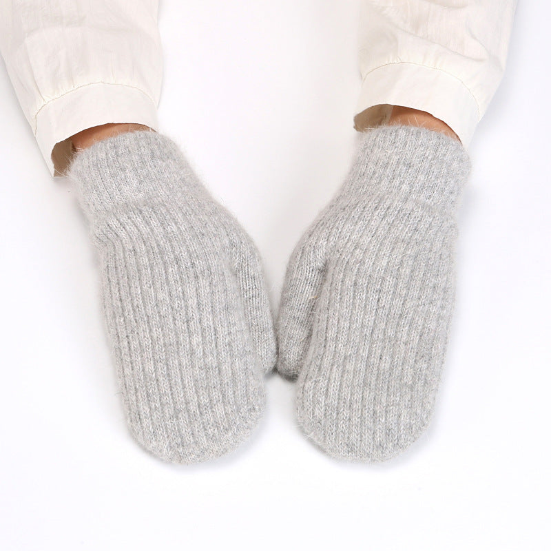 Fleece Lined Ribbed Knit Winter Mittens - Gray
