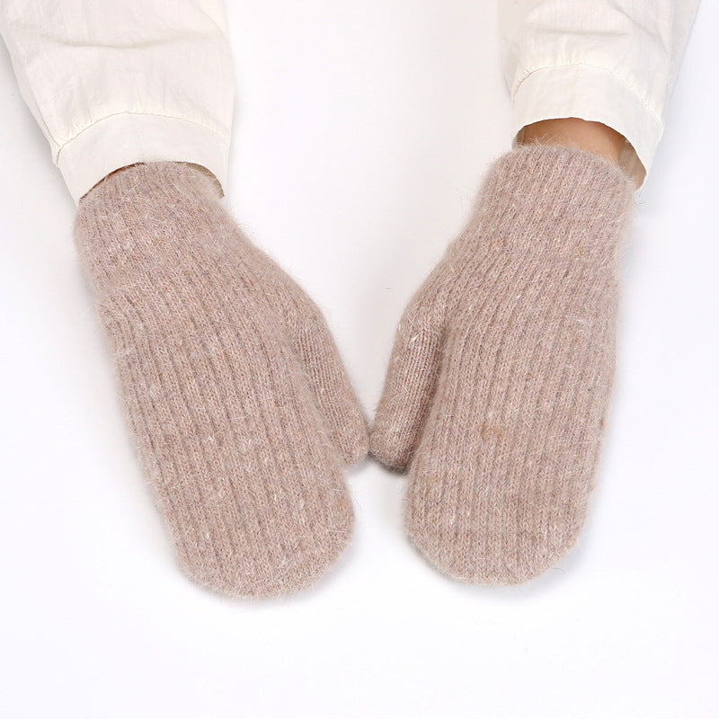 Fleece Lined Ribbed Knit Winter Mittens - Khaki