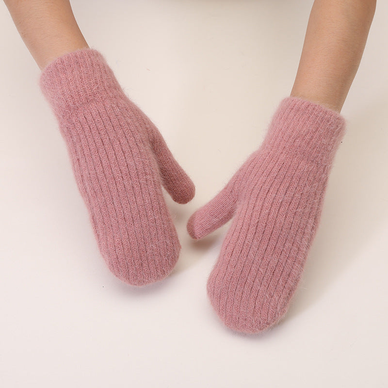 Fleece Lined Ribbed Knit Winter Mittens - Pink