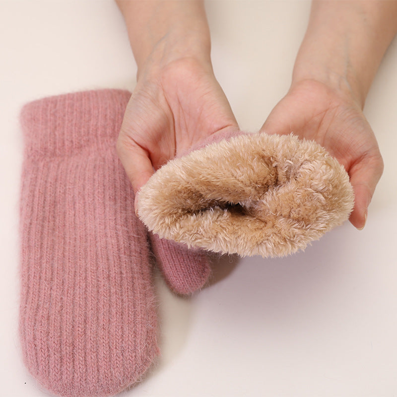 Fleece Lined Ribbed Knit Winter Mittens - Pink - 1