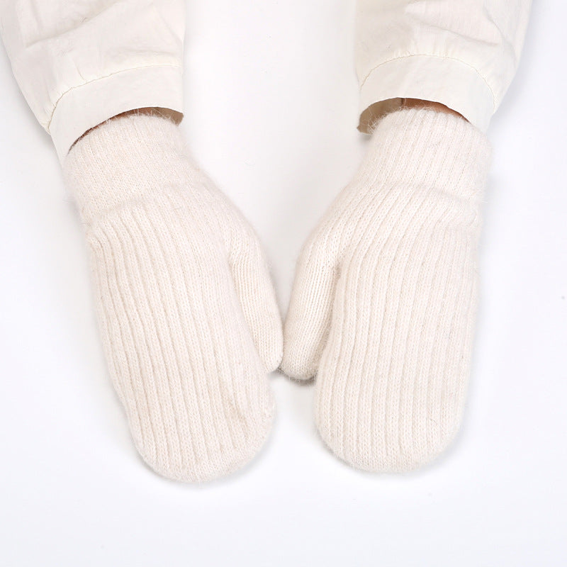 Fleece Lined Ribbed Knit Winter Mittens - White
