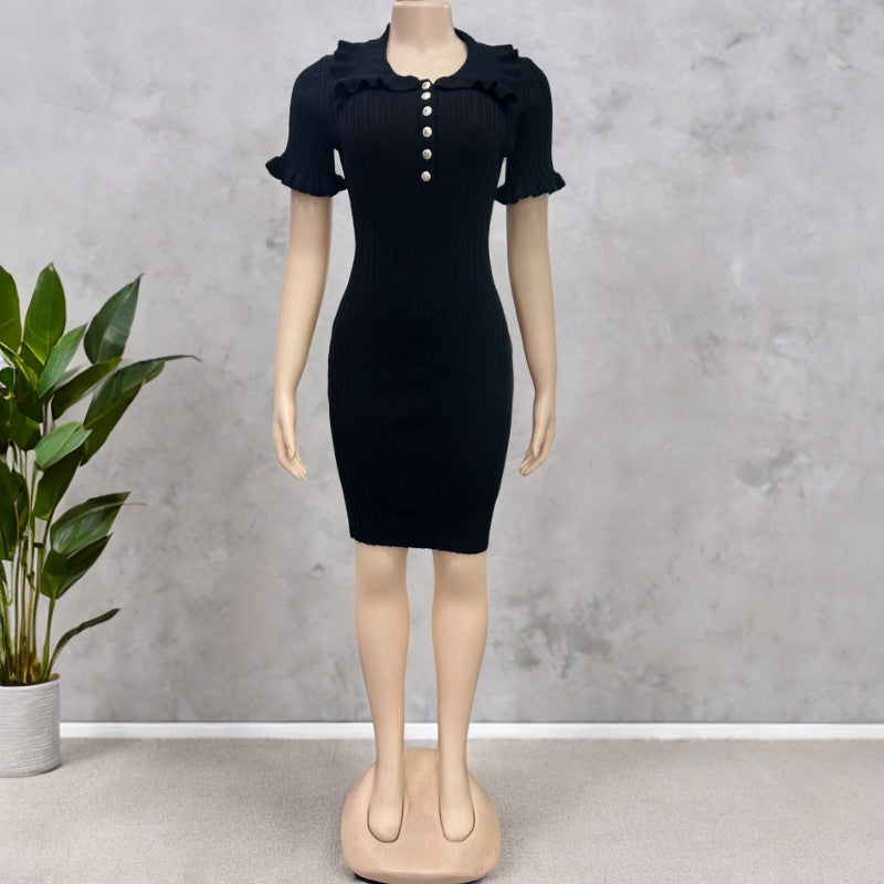 Ruffle Collar Ribbed Knit Button Dress - Black