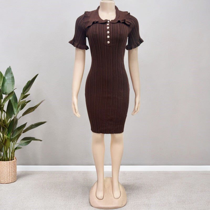 Ruffle Collar Ribbed Knit Button Dress - Brown