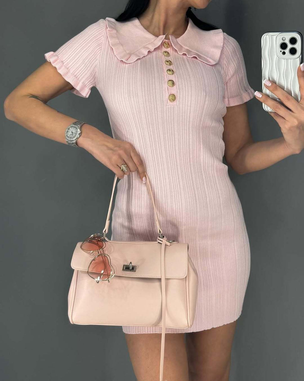 Ruffle Collar Ribbed Knit Button Dress - Pink