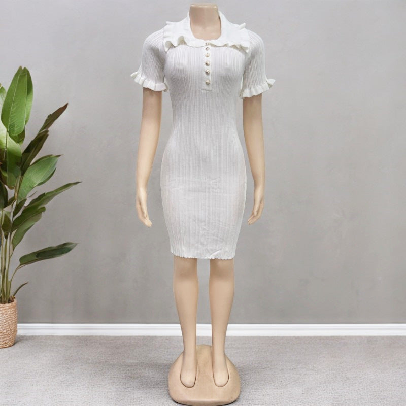 Ruffle Collar Ribbed Knit Button Dress - White