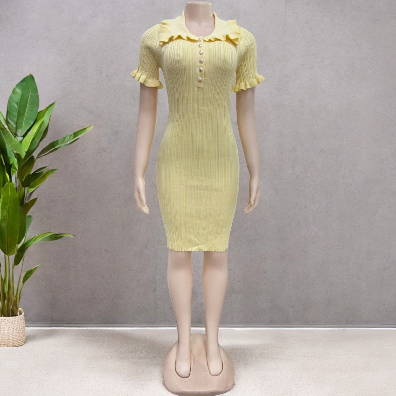 Ruffle Collar Ribbed Knit Button Dress - Yellow
