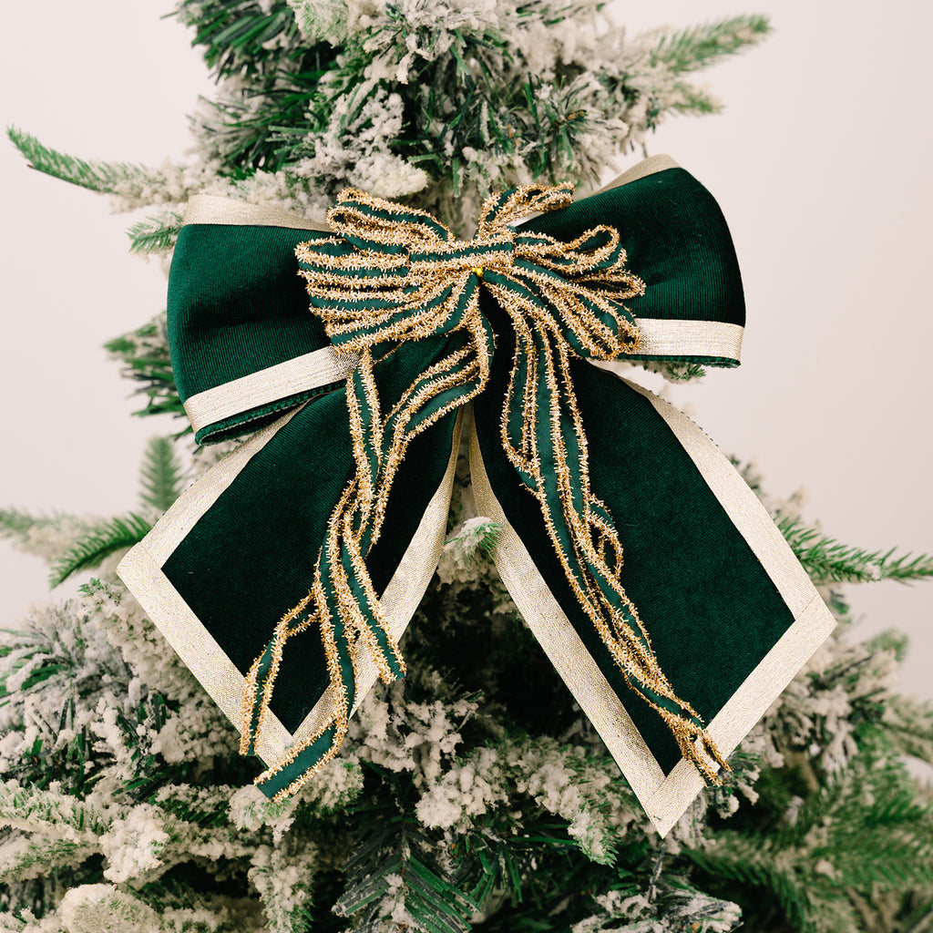 Large Velvet Christmas Bow with Sparkly Ribbon Tails - Green