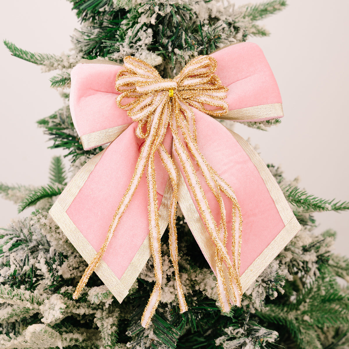 Large Velvet Christmas Bow with Sparkly Ribbon Tails - Pink
