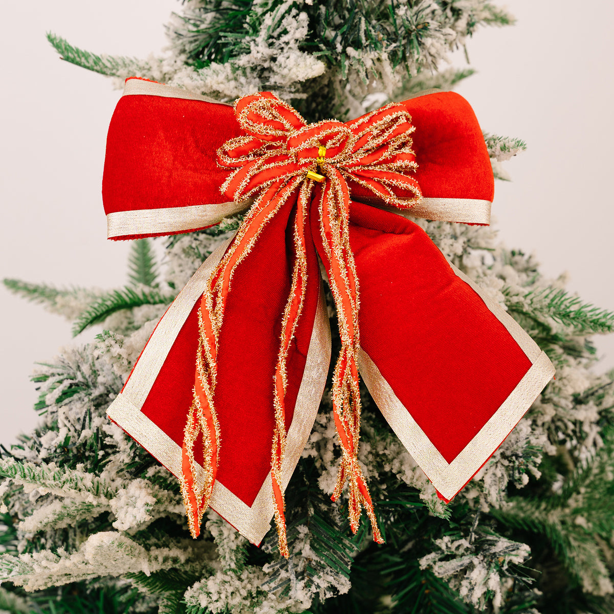 Large Velvet Christmas Bow with Sparkly Ribbon Tails - Red