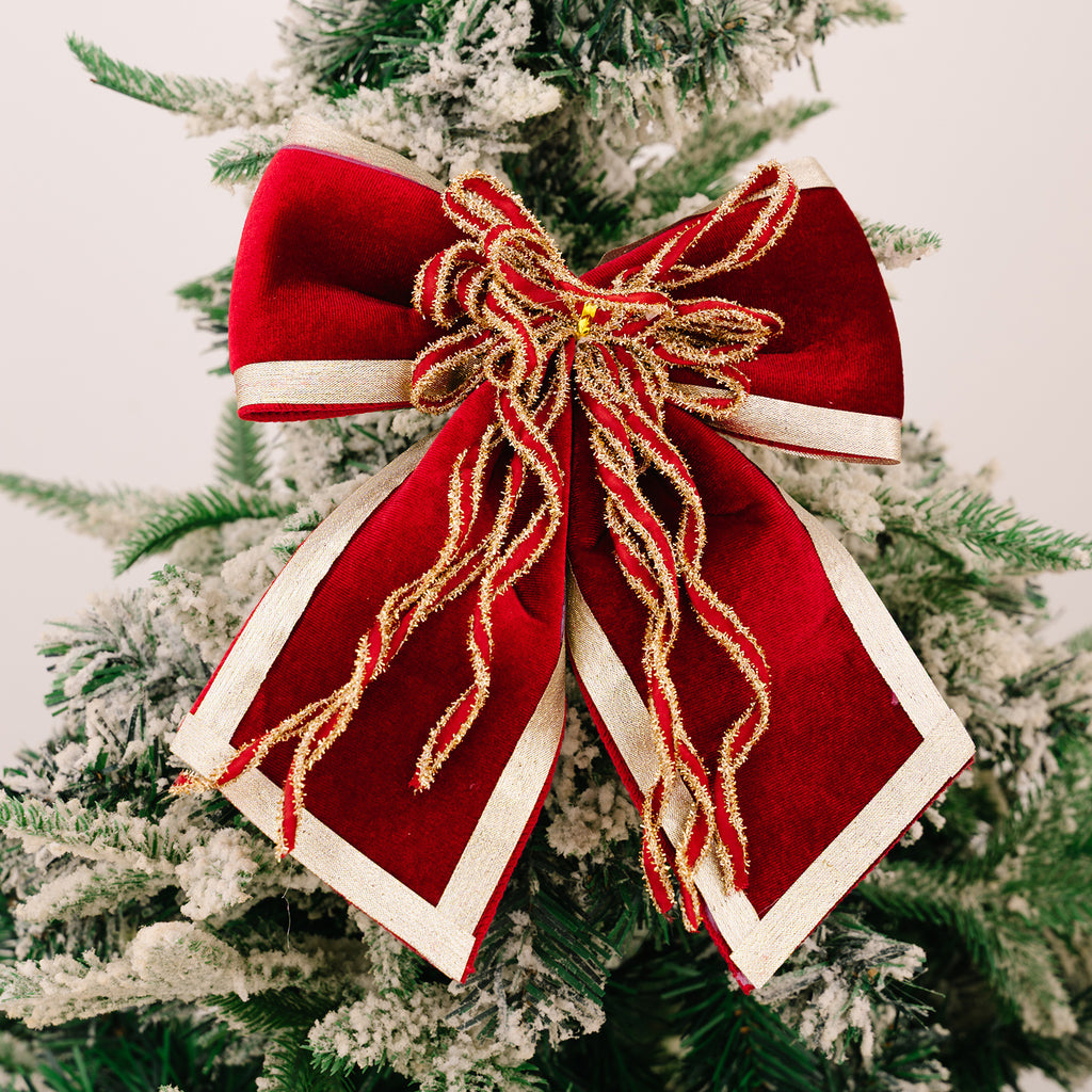 Large Velvet Christmas Bow with Sparkly Ribbon Tails - Wine-Red