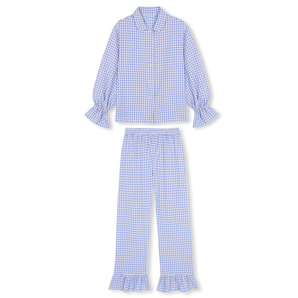 Gingham Ruffle Cuff Shirt And Trouser Set - Blue