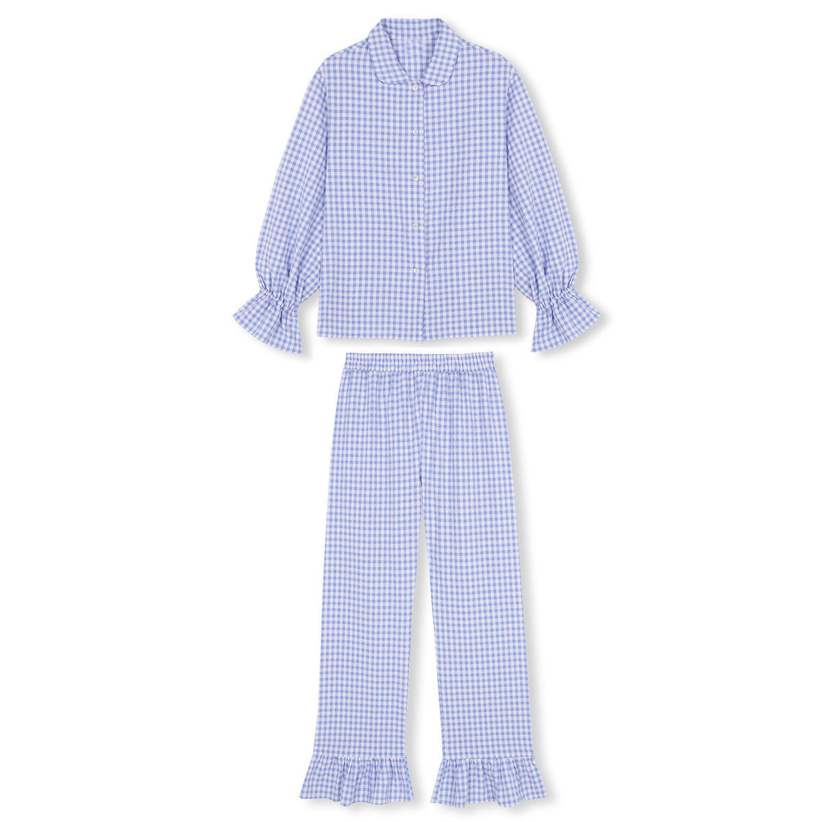 Gingham Ruffle Cuff Shirt And Trouser Set - Blue