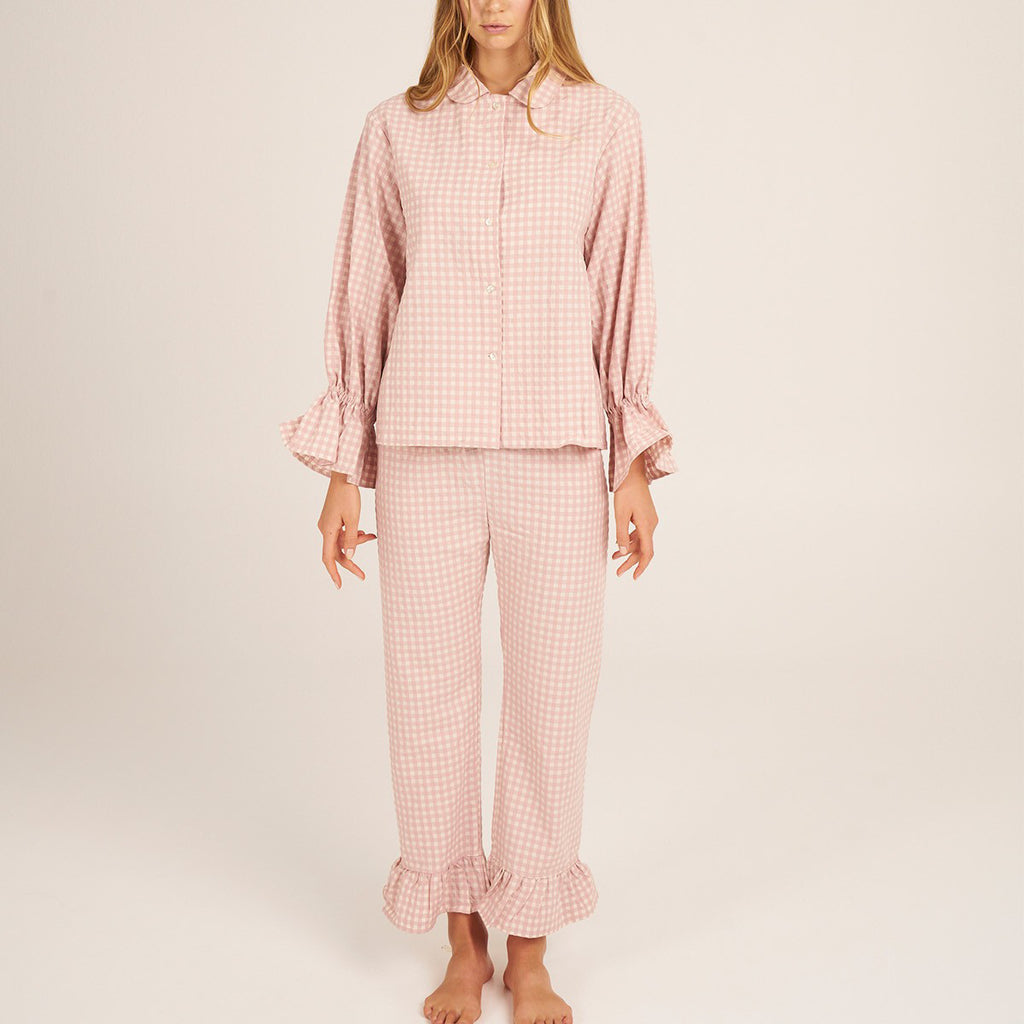 Gingham Ruffle Cuff Shirt And Trouser Set - Coralred - 1