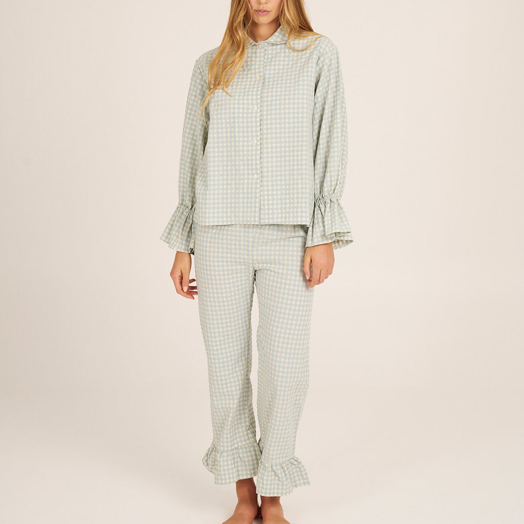 Gingham Ruffle Cuff Shirt And Trouser Set - Green