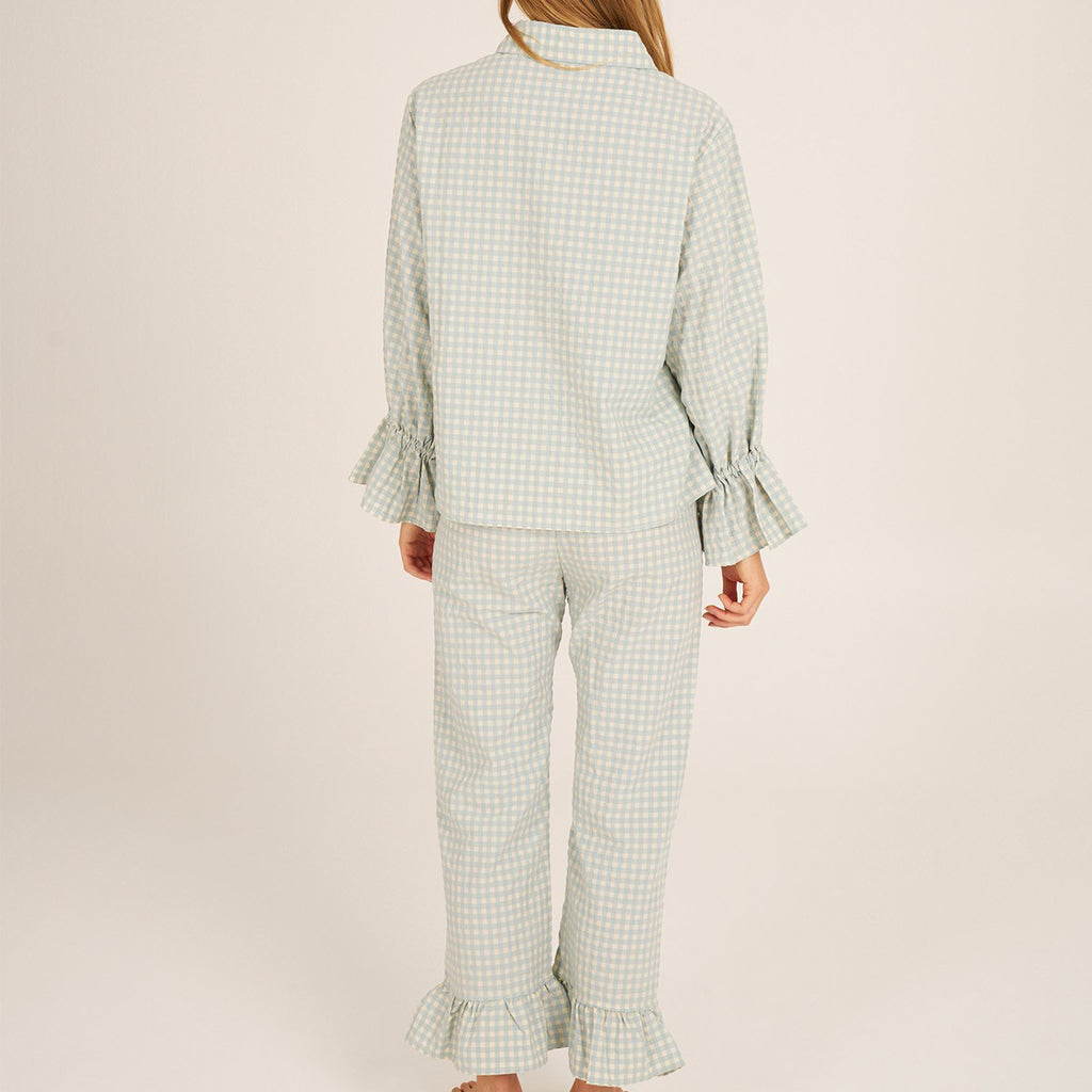 Gingham Ruffle Cuff Shirt And Trouser Set - Green - 1