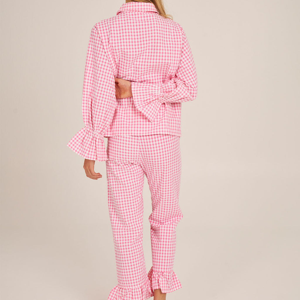 Gingham Ruffle Cuff Shirt And Trouser Set - Pink - 1