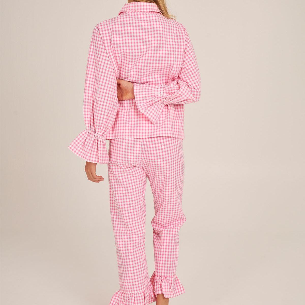 Gingham Ruffle Cuff Shirt And Trouser Set - Pink - 1
