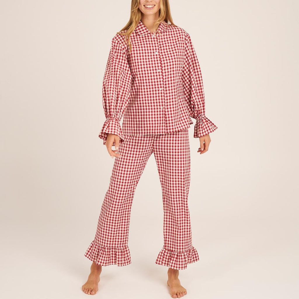 Gingham Ruffle Cuff Shirt And Trouser Set - Red