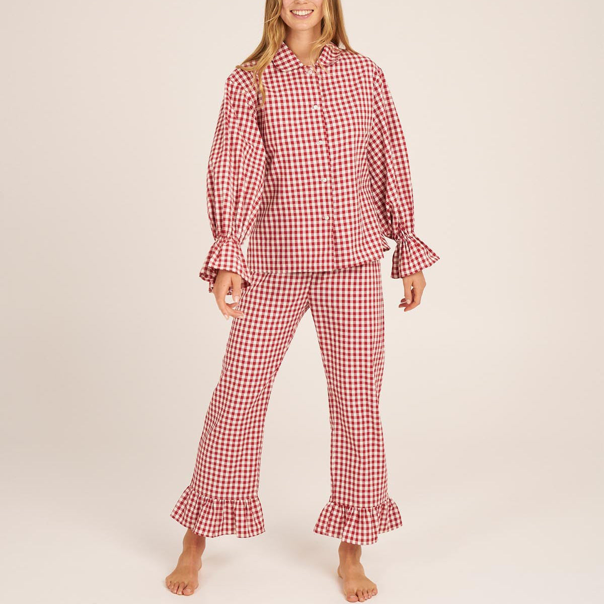 Gingham Ruffle Cuff Shirt And Trouser Set - Red