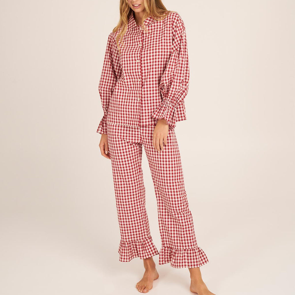 Gingham Ruffle Cuff Shirt And Trouser Set - Red - 1