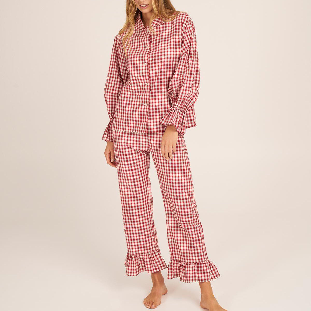 Gingham Ruffle Cuff Shirt And Trouser Set - Red - 1