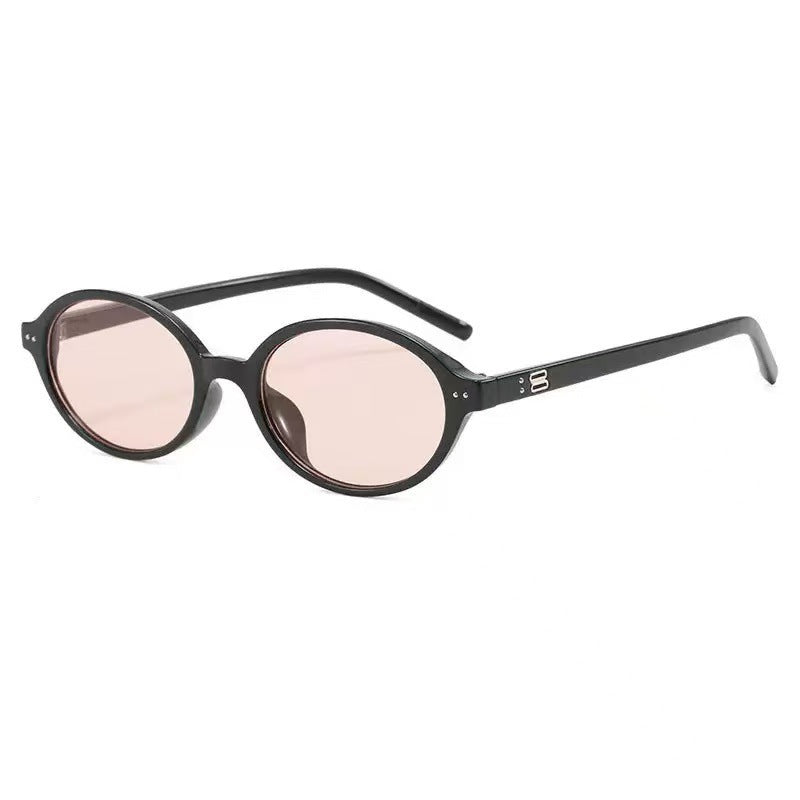 Slim Oval Frame Retro Sunglasses - Black-3