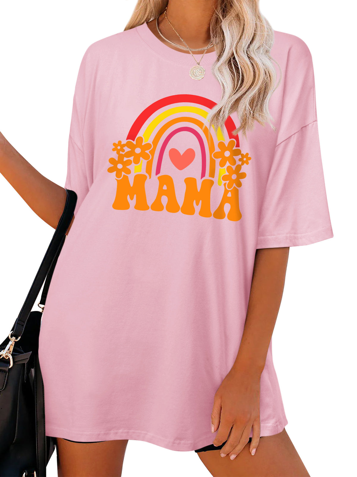 Mama Rainbow Print Oversized Tunic Tee - Pink