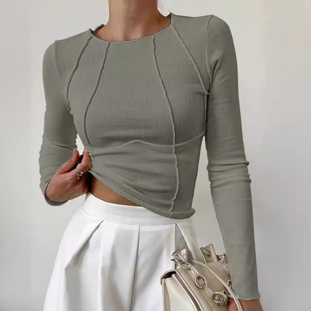 Long Sleeve Ribbed Tee With Exposed Seams - Bean_Green