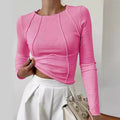Long Sleeve Ribbed Tee With Exposed Seams - Pink