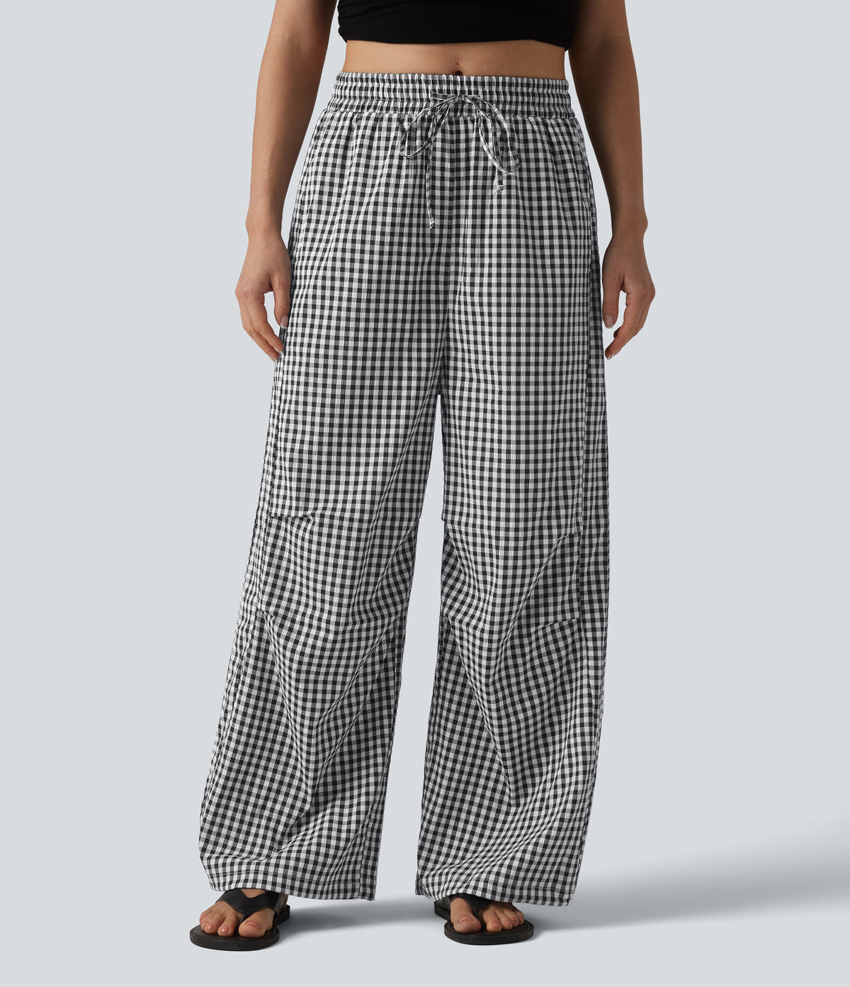 Gingham Check Drawstring Wide Leg Pants - Black
