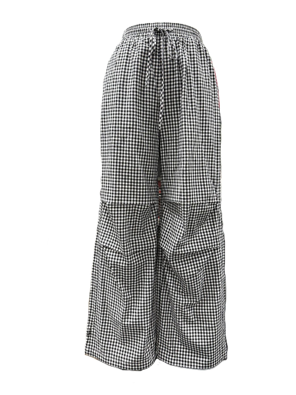 Gingham Check Drawstring Wide Leg Pants - Black - 1