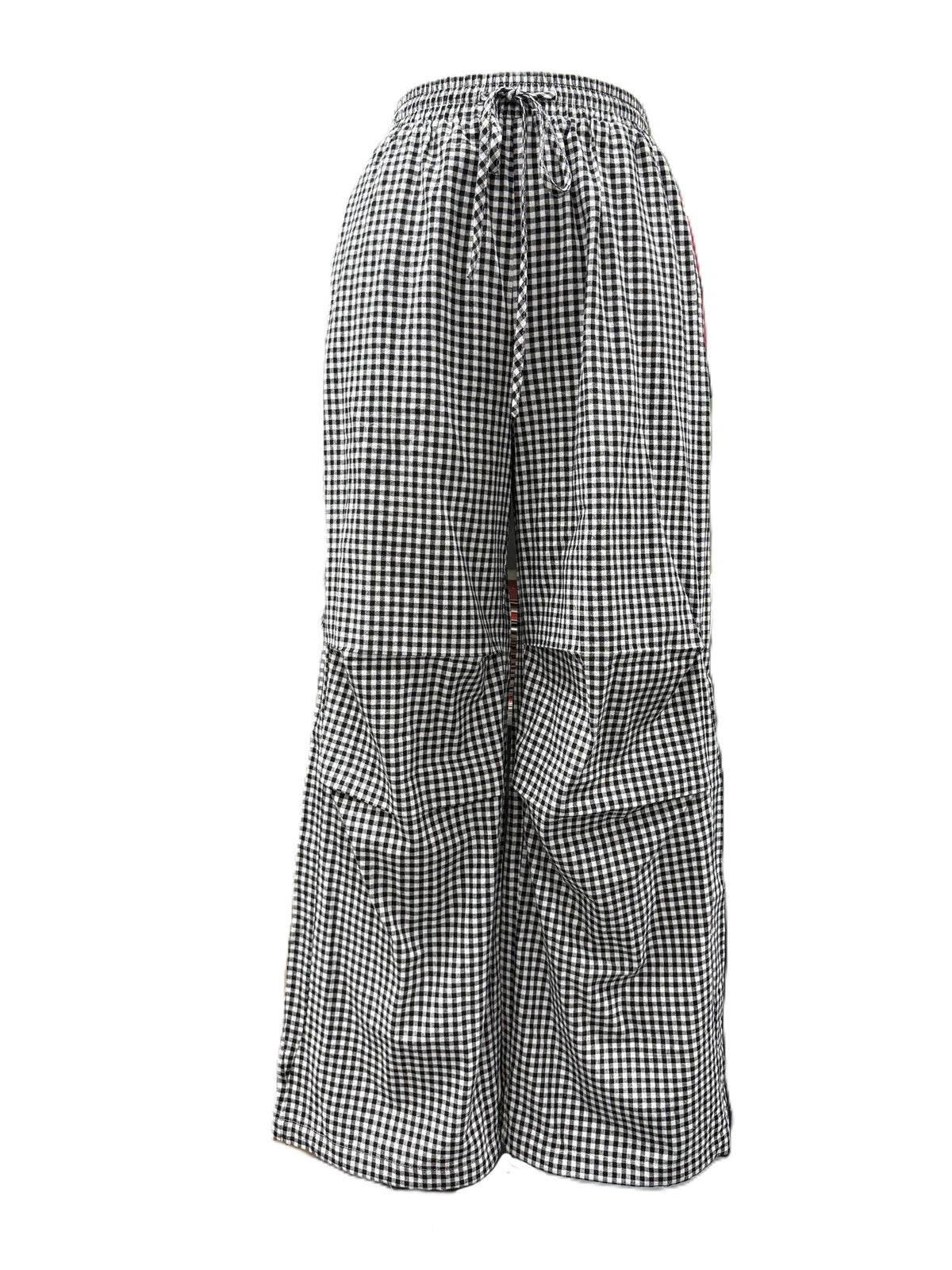 Gingham Check Drawstring Wide Leg Pants - Black - 1