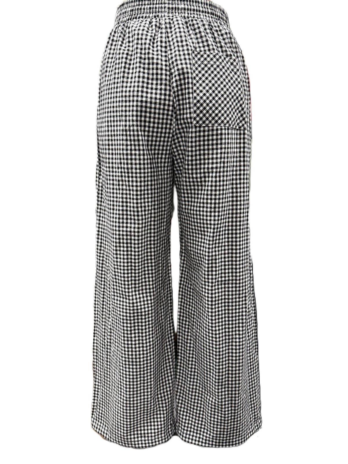 Gingham Check Drawstring Wide Leg Pants - Black - 2