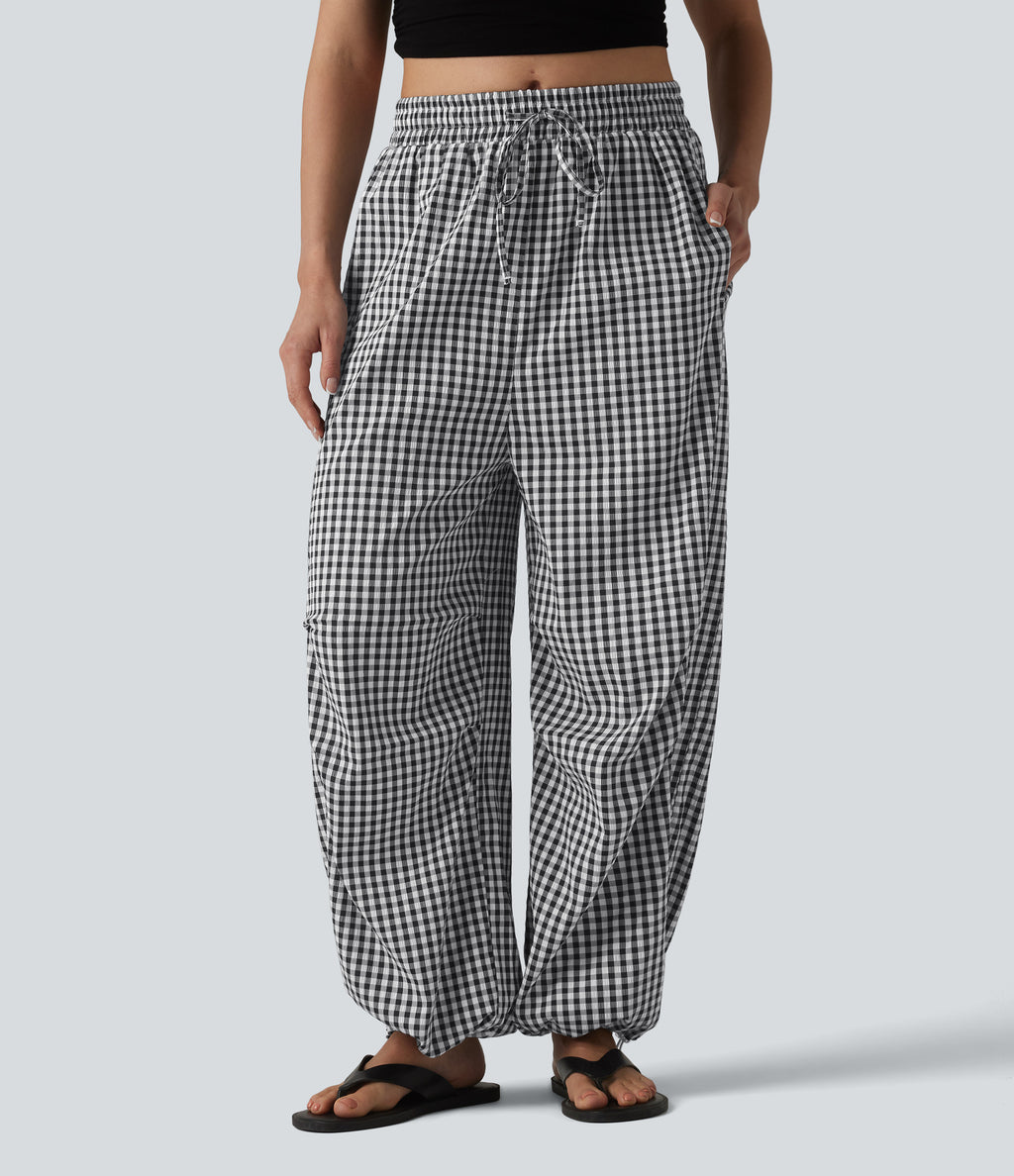 Gingham Check Drawstring Wide Leg Pants - Black - 4