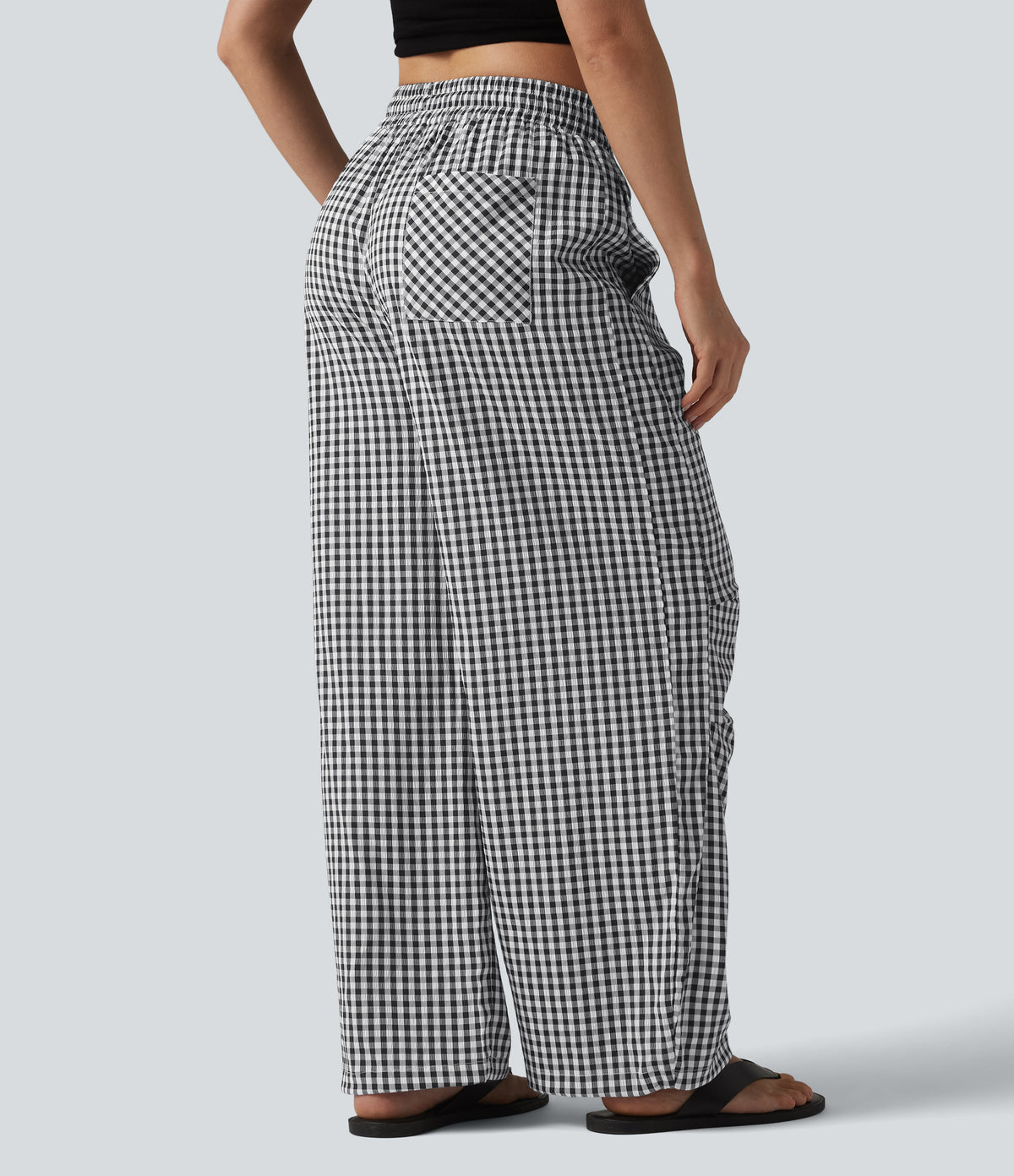 Gingham Check Drawstring Wide Leg Pants - Black - 5