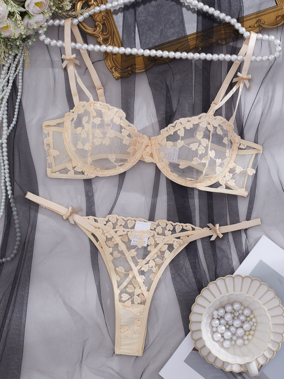 Heart Embroidered Mesh Underwire Bra And Thong Set - Apricot