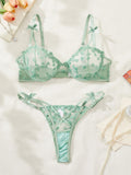 Heart Embroidered Mesh Underwire Bra And Thong Set - Mint Green