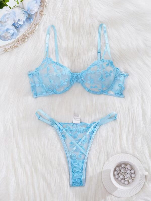 Heart Embroidered Mesh Underwire Bra And Thong Set - Sky Blue