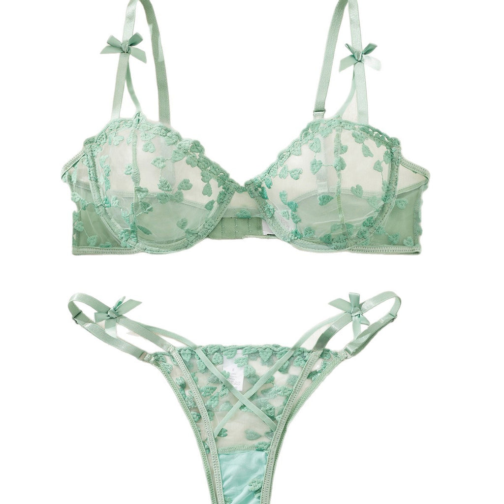 Heart Embroidered Mesh Underwire Bra And Thong Set
