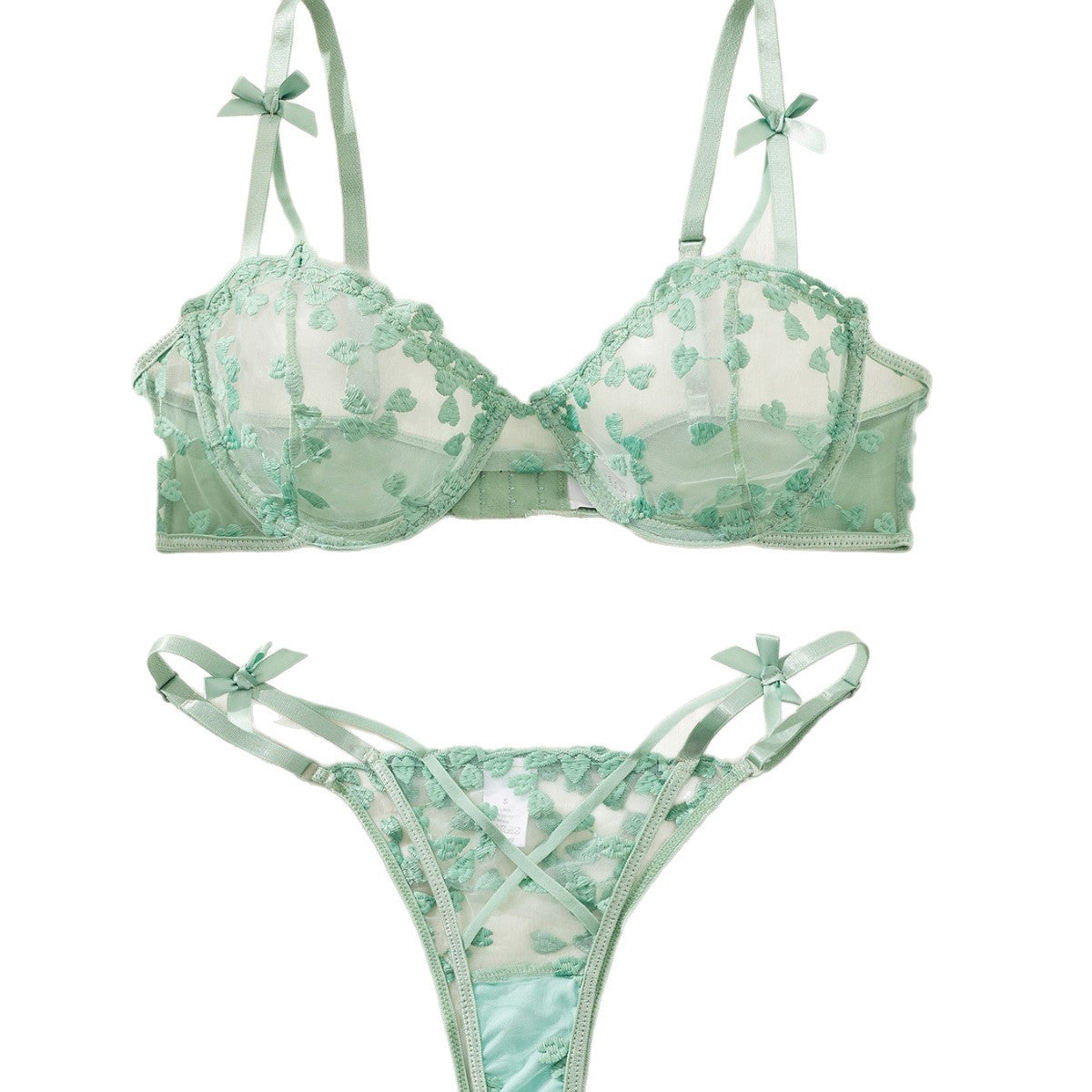 Heart Embroidered Mesh Underwire Bra And Thong Set