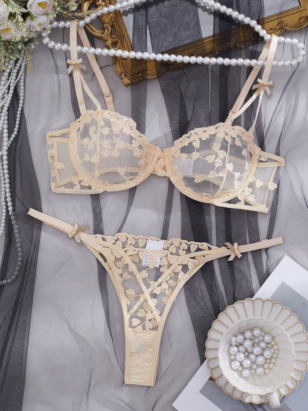 Heart Embroidered Mesh Underwire Bra And Thong Set