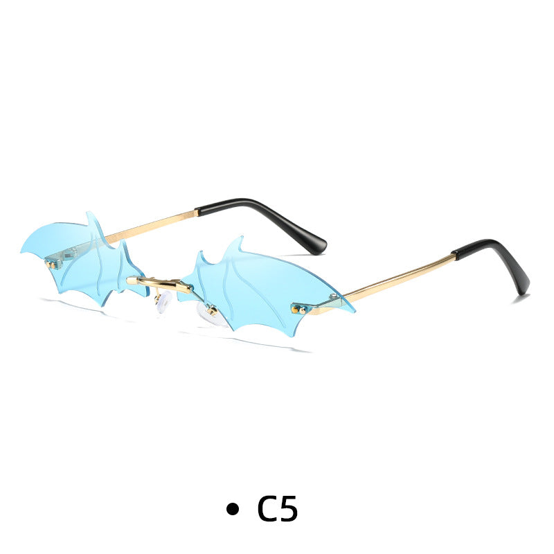 Rimless Bat Wing Novelty Sunglasses - Blue