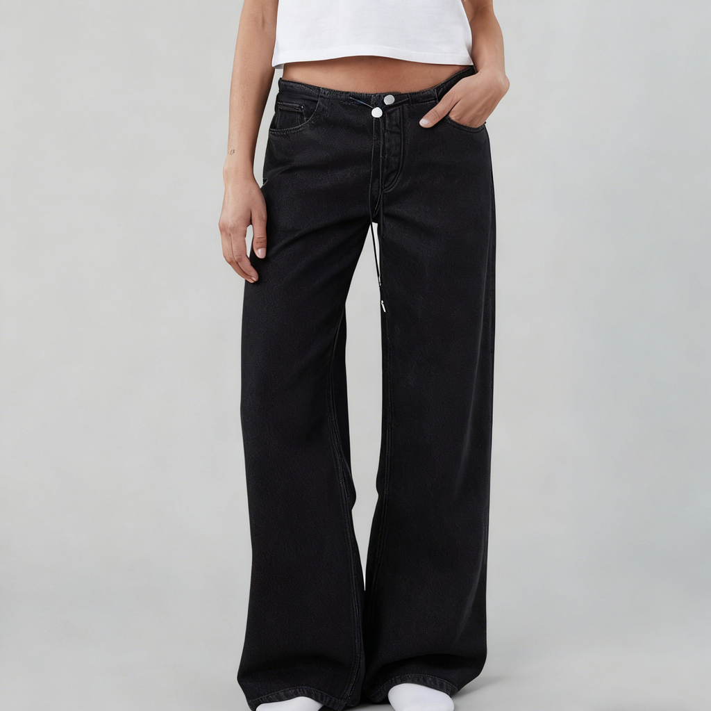 Low Rise Wide Leg Drawstring Jeans - Black