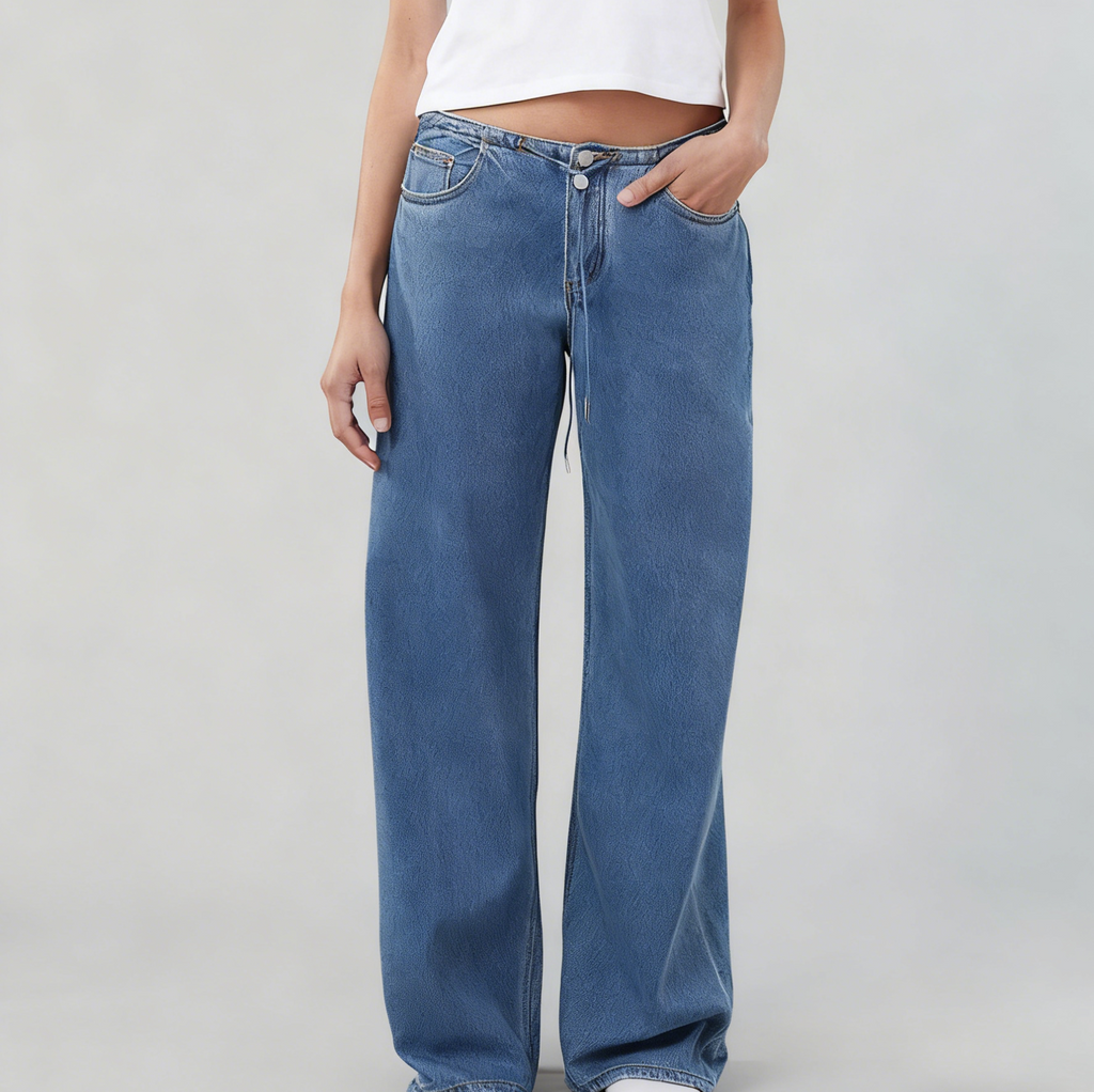 Low Rise Wide Leg Drawstring Jeans - Blue