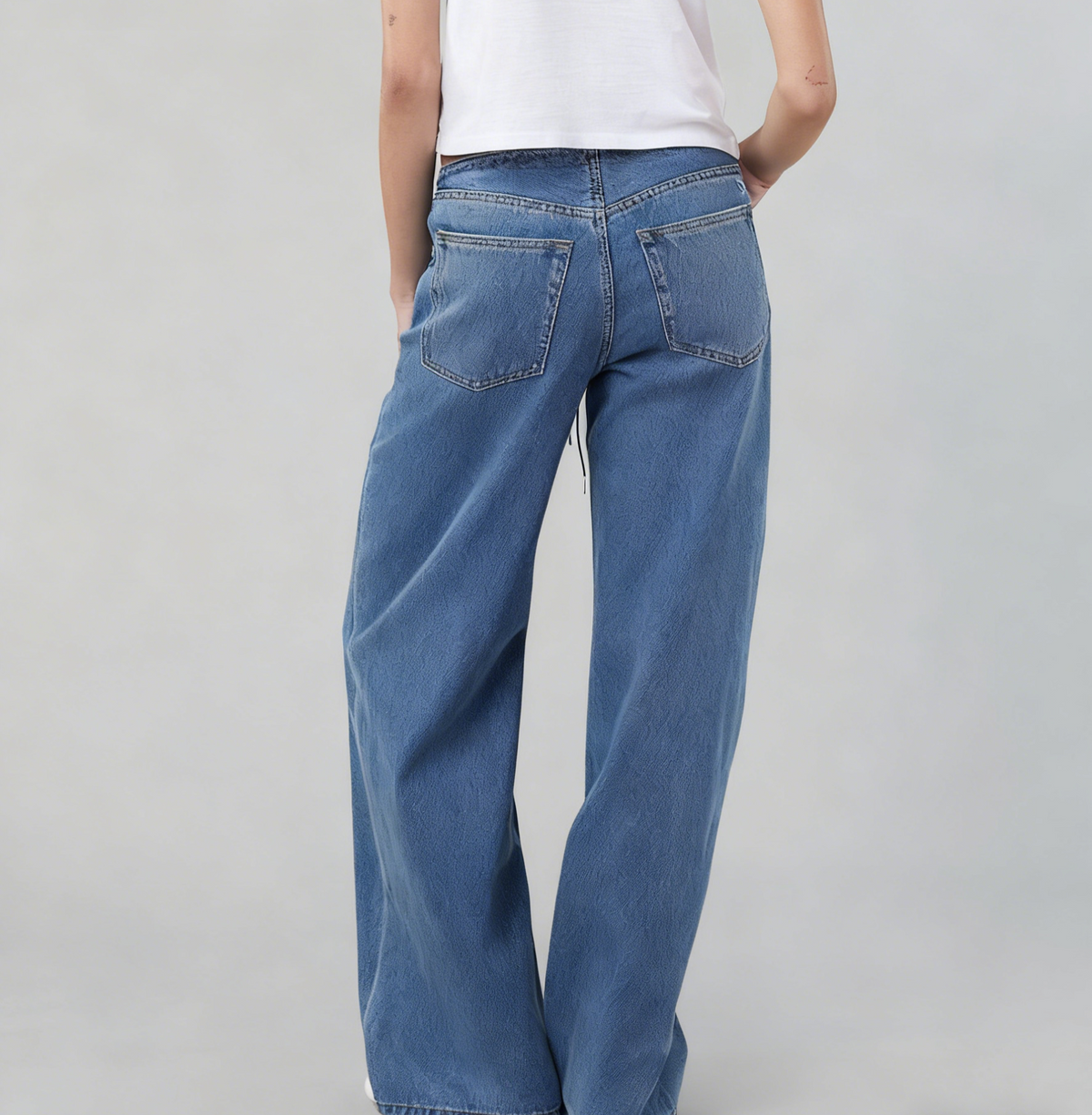 Low Rise Wide Leg Drawstring Jeans - Blue - 1
